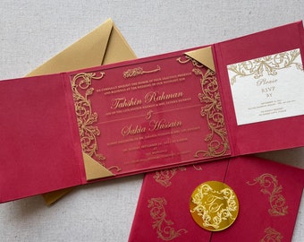 boxed invitation folio acrylic invite with red and gold unique and luxury gold mirror