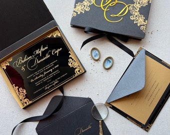 Boxed acrylic invitation with black and gold