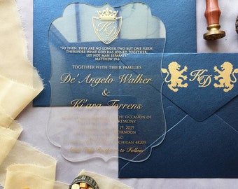 Acrylic Invition unique elegant design blue navy royal theme clear Acrylic Navy blue gold inked with Envelope