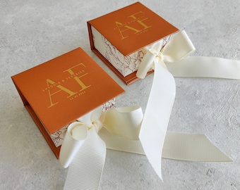 Custom Wedding Favor Boxes with Ribbon: Copper & Gold Foil
