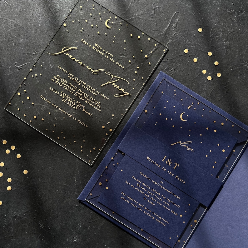 Starry night themed acrylic invitation with navy blue mid night blue envelope image 6