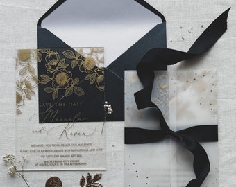 Gold acrylic wedding invitation with envelopes