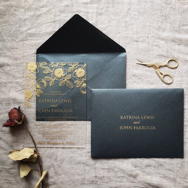 Unique Acrylic Invitation With Gold Print Envelope Floral Etsy