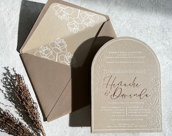 Arch Wedding Invitation: Minimalist Sand, Rose Print, Copper Foil