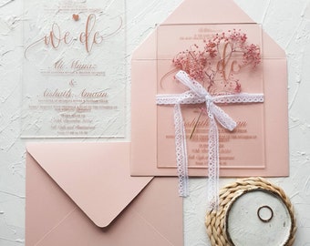 Rosegold print acrylic wedding invitation with envelope and dried baby breath
