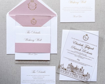 Clear Acrylic Invitation with venue sketch and dusty rose envelope wishing well and details card