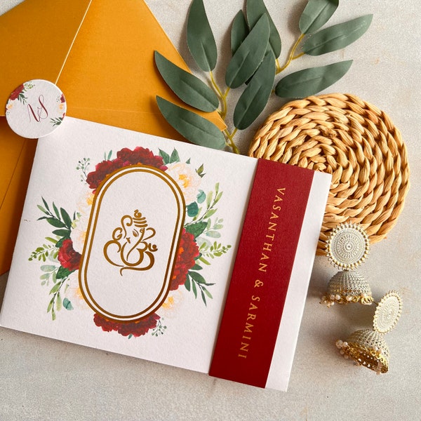 Ganesha Invitation/ Hindu Wedding invitation / Indian wedding /Sri Lankan wedding / Tamil invitation/ Maroon and gold red