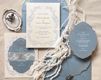 0015 | Dusty Blue Wedding Invitation | Scalloped Floral, Elegant Stationery