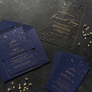 Starry night themed acrylic invitation with navy blue mid night blue envelope afbeelding 5