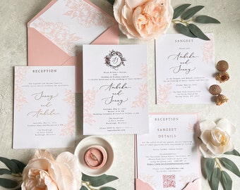 Indian wedding invitation / pink and pastel colors / Hindu wedding invitation / Sangeet / MEHENDI / Ceremony / Reception