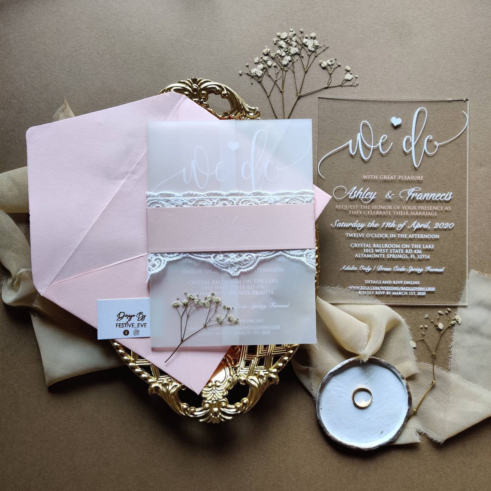 Acrylic wedding invitation with blush envelope lace and vellum Etsy