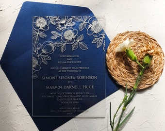 Unique Acrylic Invitation with silver print floral lines navy envelope Autumn and spring fall winter colours