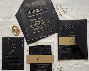 Pride wedding invitation starry night black and gold wood theme