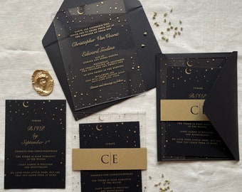 Pride wedding invitation starry night black and gold wood theme