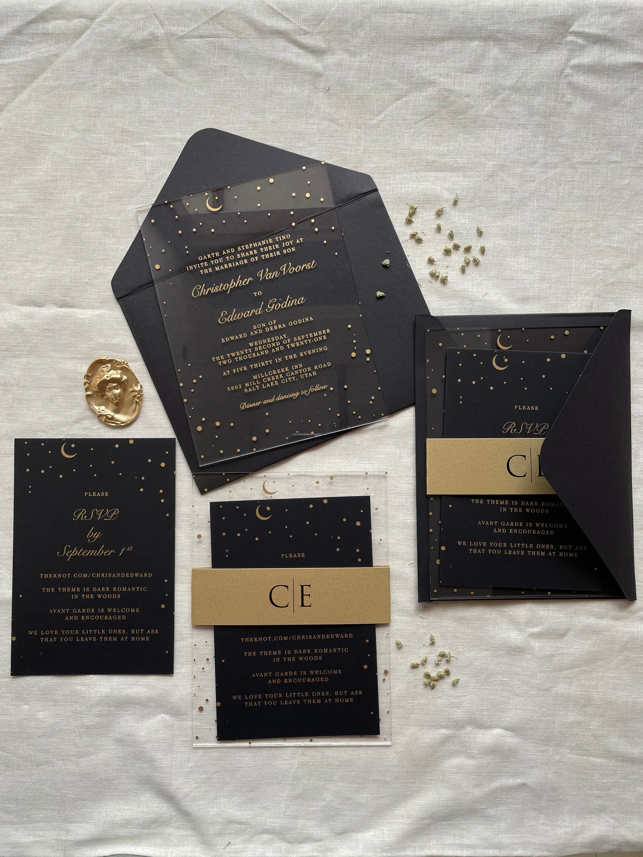 Pride wedding invitation starry night black and gold wood theme