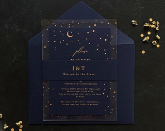 Starry night themed acrylic invitation with navy blue mid night blue envelope