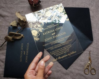Unique Acrylic Invitation with gold print envelope floral lines black Autumn fall winter colours