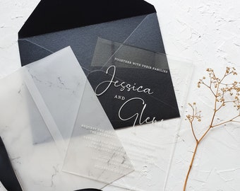 Unique Acrylic Invitation with marble print vellum wrap and black envelop