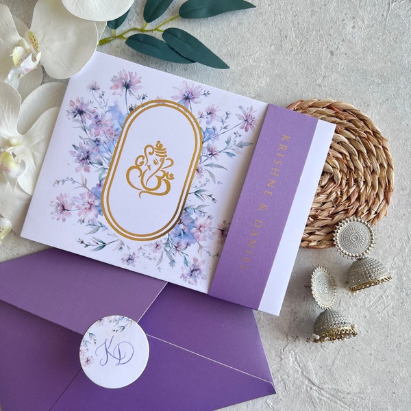 Ganesha Invitation/ Hindu Wedding invitation / Indian wedding /Sri Lankan wedding / Tamil invitation/ lavender lilac purle