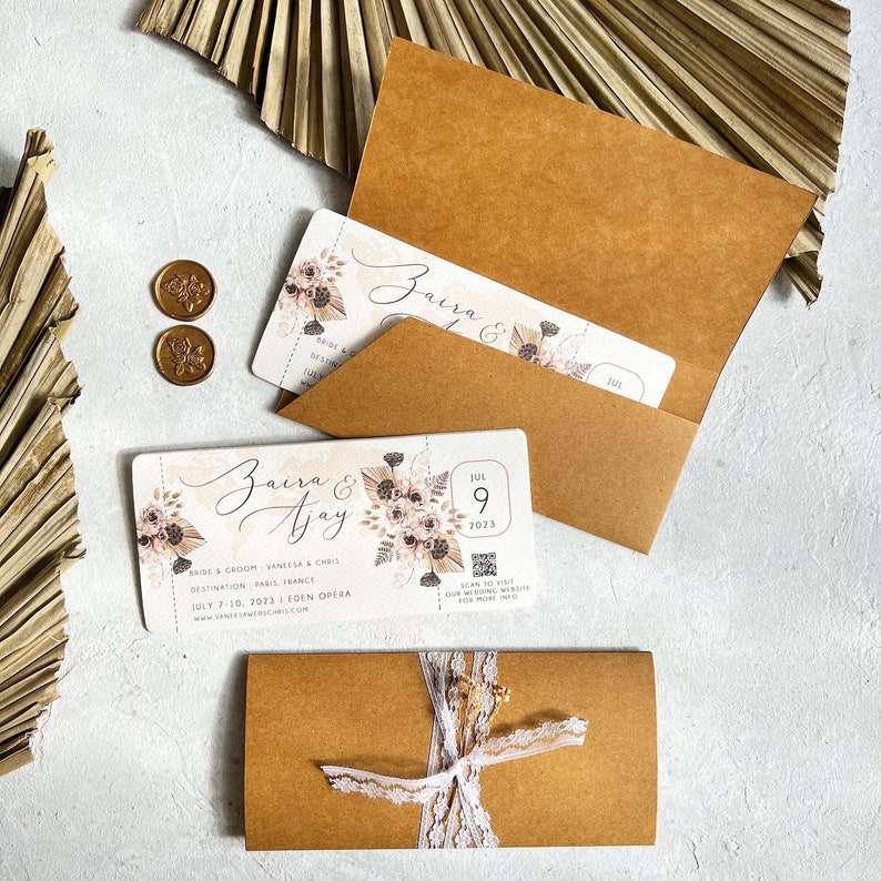 Boho Boarding Pass Wedding Invitation Travel Wedding Invitation Destination Wedding Invitation Dried palm Bohemian afbeelding 1