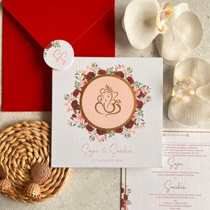 Indische Hindu-Hochzeitseinladung mit Ganesha- und Rosegold-Druck, blush florals / Sai baba / Ganesha, indische traditionelle Hochzeit lädt ein