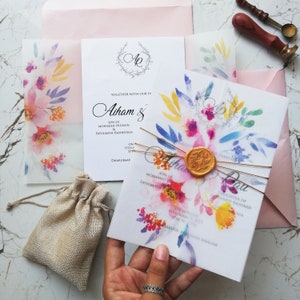 Pergament Ärmel florale Einladung Logo Design für Sommer Hochzeit blush Umschlag Wachssiegel