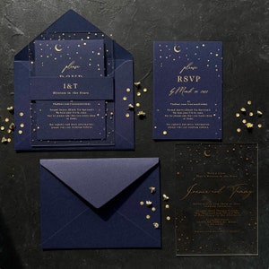 Starry night themed acrylic invitation with navy blue mid night blue envelope image 2