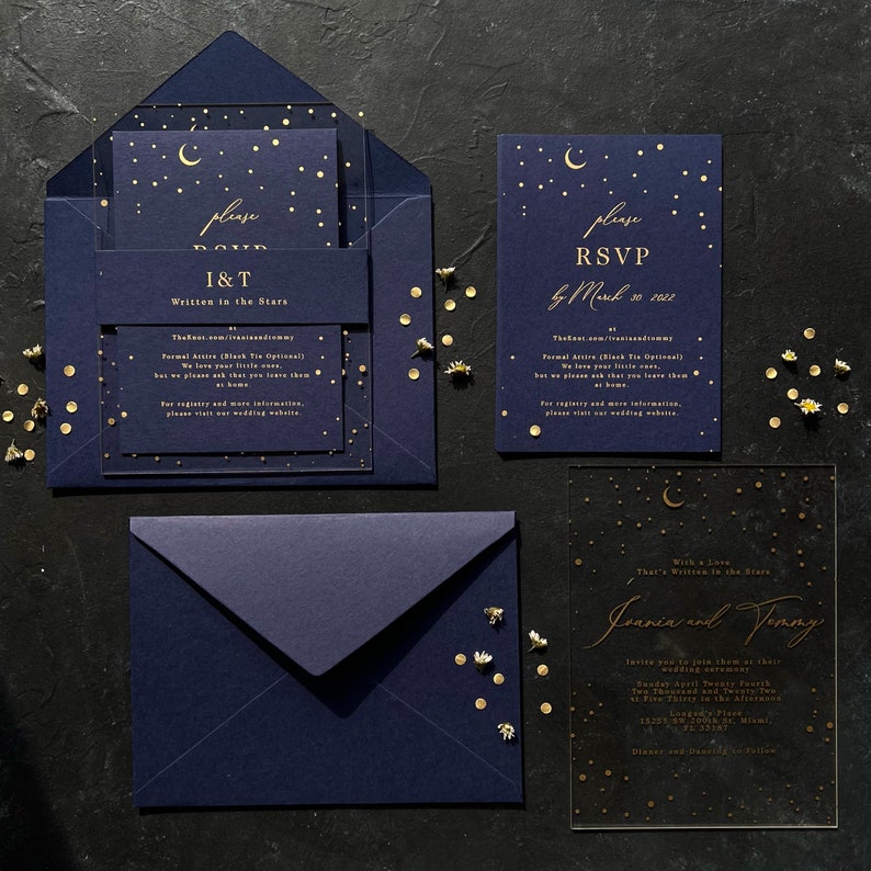 Starry night themed acrylic invitation with navy blue mid night blue envelope afbeelding 2