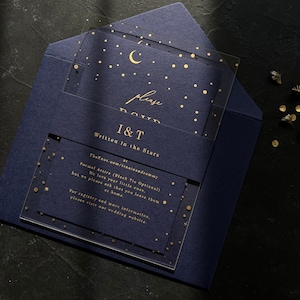 Starry night themed acrylic invitation with navy blue mid night blue envelope image 4