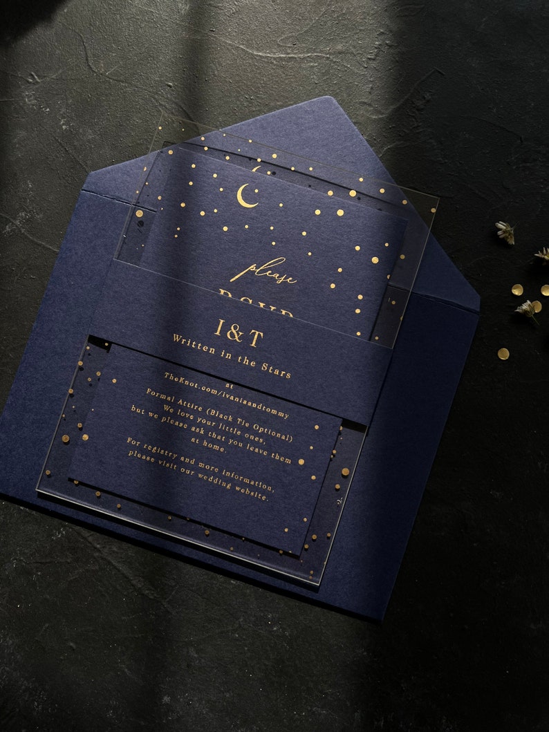Starry night themed acrylic invitation with navy blue mid night blue envelope image 4