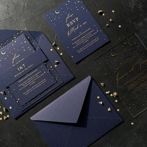 Starry night themed acrylic invitation with navy blue mid night blue envelope image 7