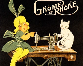 GNOME ET RHONE FRENCH SEWING MACHINE GIRL AND WHITE CAT VINTAGE POSTER REPRO