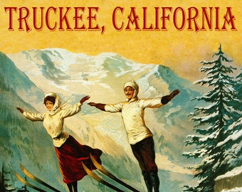 POSTER 1948 WINTER SPORT LAKE TAHOE SKIING COUPLE SKI USA VINTAGE REPRO FREE S//H