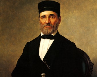 Vintage Religious Painting of Rabbi and Torah Scrolls