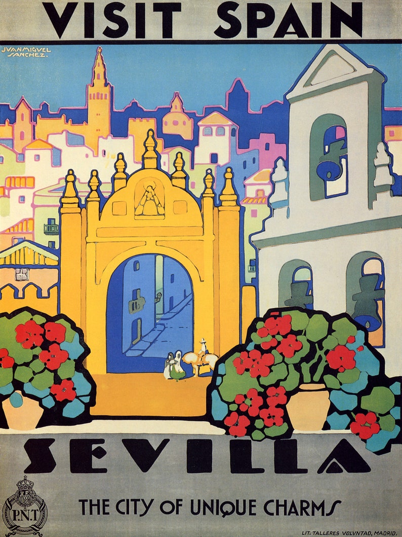 Visit Spain Seville A City of Unique Charms Tourism Travel Vintage Poster Repro FREE Shipping in USA Shipped Rolled-Up