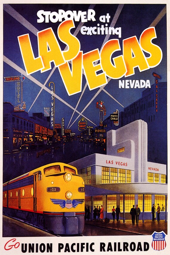 POSTER STOPOVER EXCITING LAS VEGAS NEVADA USA TRAIN TRAVEL VINTAGE REPRO FREE SH