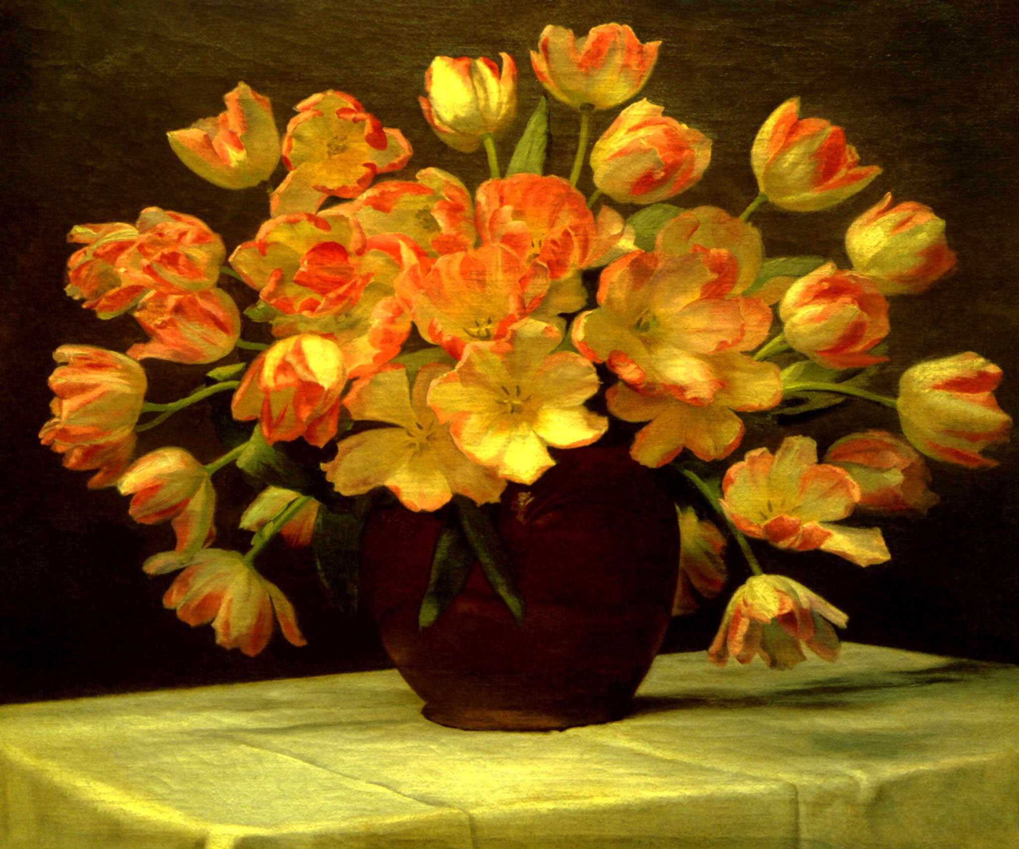 Tulips In A Vase On A Draped Table Flower Painting By