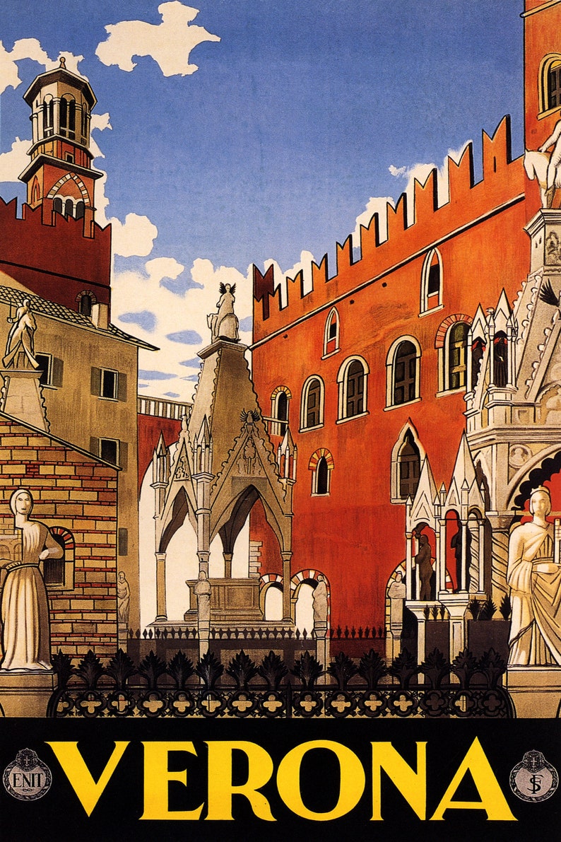 Verona Medieval Old Town Veneto Italy Travel Tourism Vintage Poster Repro FREE Shipping in USA Shipped Rolled-Up