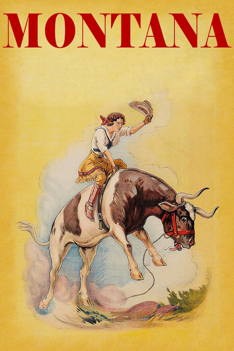 Cowgirl Cow Riding Rodeo Montana American Wild West Vintage Poster Repro FREE Shipping in USA Shipped Rolled-Up