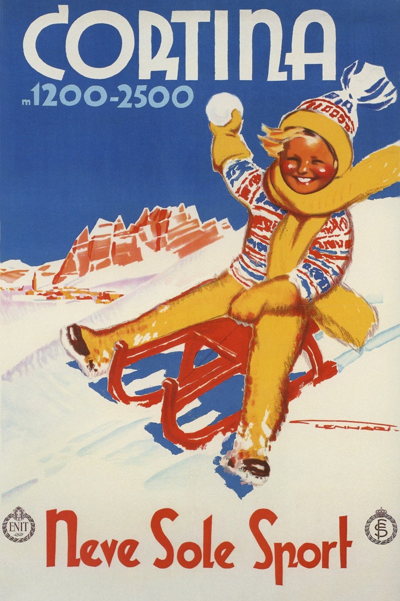 Cortina Snow Sun Winter Sport Kid Playing Bobsleigh Skiing Italy Travel Vintage Poster Repro FREE Shipping in USA Shipped Rolled-Up