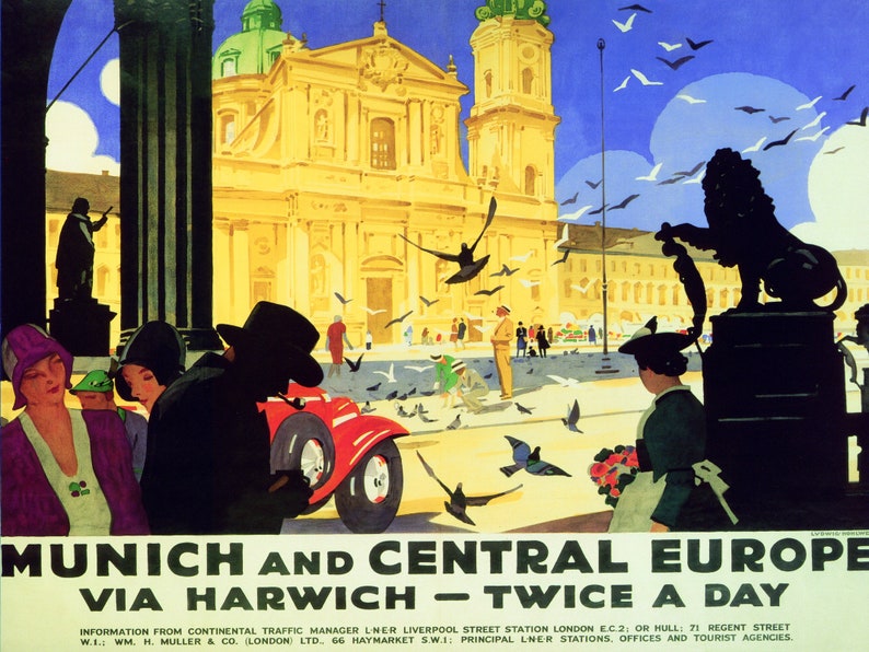 Munich Germany and Central Europe Summer Vacation Travel Tourism Vintage Poster Repro FREE Shipping in USA Shipped Rolled-Up