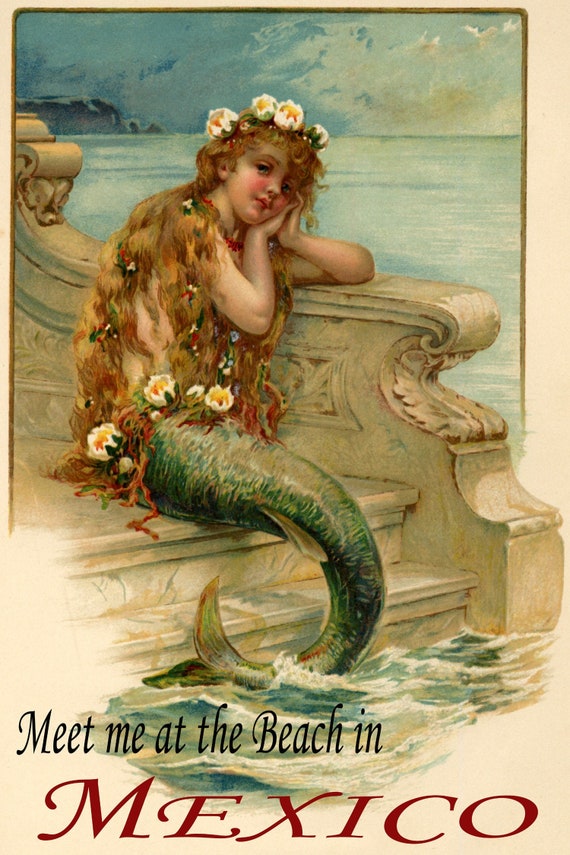 POSTER MERMAID SIREN MEET ME AT THE BEACH IN MEXICO TRAVEL VINTAGE REPRO FREE SH