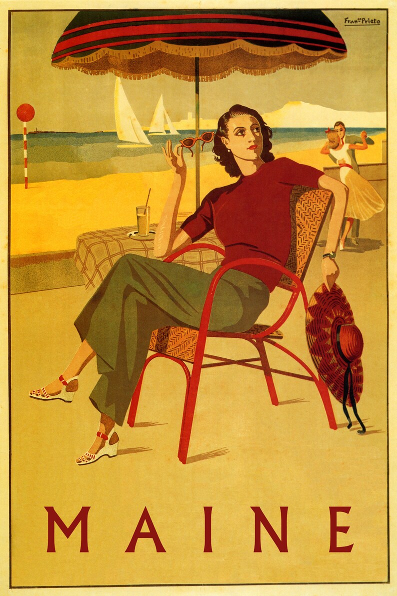 Summer in Maine USA Beach Fashion Lady Dance Sailing Boat Tourism Travel Vintage Poster Repro FREE Shipping in USA Shipped Rolled-Up