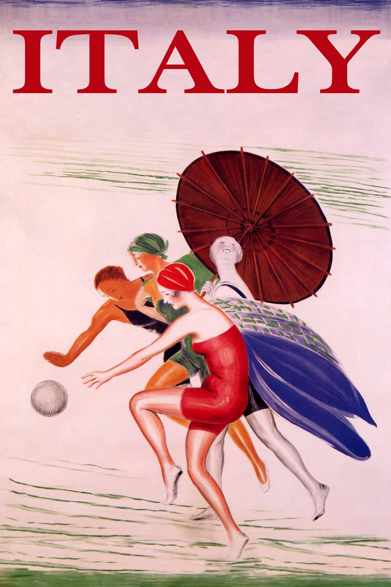 Sunshine Italy Beach Happy Girl Playing Ball Travel Tourism Ocean Sea Vintage Poster Repro FREE Shipping in USA Shipped Rolled-Up