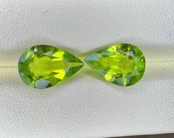 Natural Peridot 13.8x9mm & 13x9mm pear shape gemstone pair, weight- 4.11 and 3.50 carats, neon green colour, Pakistan mines Peridot