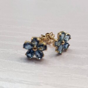 May include: A pair of gold flower-shaped earrings with blue gemstones.