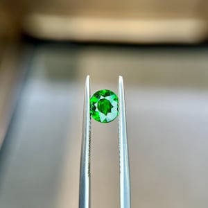 Può includere: Una vibrante gemma verde, rotonda e sfaccettata, è tenuta da una pinzetta d'argento. La gemma ha un taglio brillante, che riflette la luce e mostra il suo colore intenso. Lo sfondo è sfocato, enfatizzando la chiarezza e i dettagli della gemma.