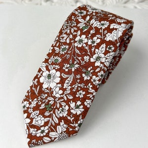 Rustic Terracotta wedding brown mens floral necktie, classic skinny Groomsmen tie, burnt orange tie