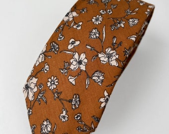 Rustic Terracotta Wedding floral necktie, Brown Burnt Orange classic Groomsmen tie,mens necktie