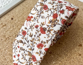 Terracotta Floral Cotton Tie, Burnt Orange Rust Necktie, Boho Botanical Wedding Accessory